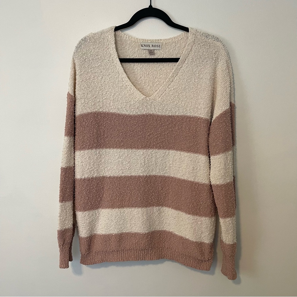 Knox Rose Women's V-Neck Striped Sweater - Cream and Dusty Pink